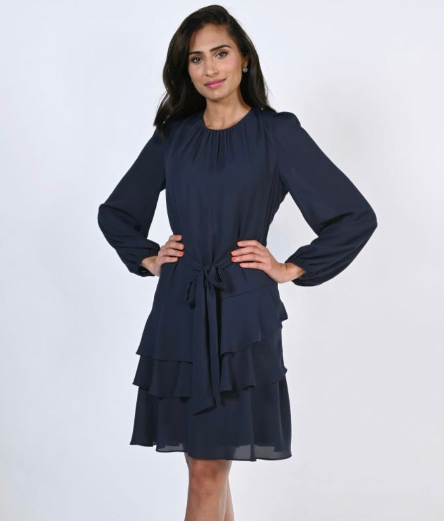 Frank Lyman Navy Ruffle Bottom Tie Dress
