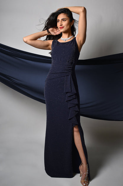 Frank Lyman Navy Sparkle Long Rouched Dress