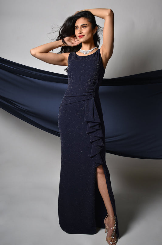 Frank Lyman Navy Sparkle Long Rouched Dress