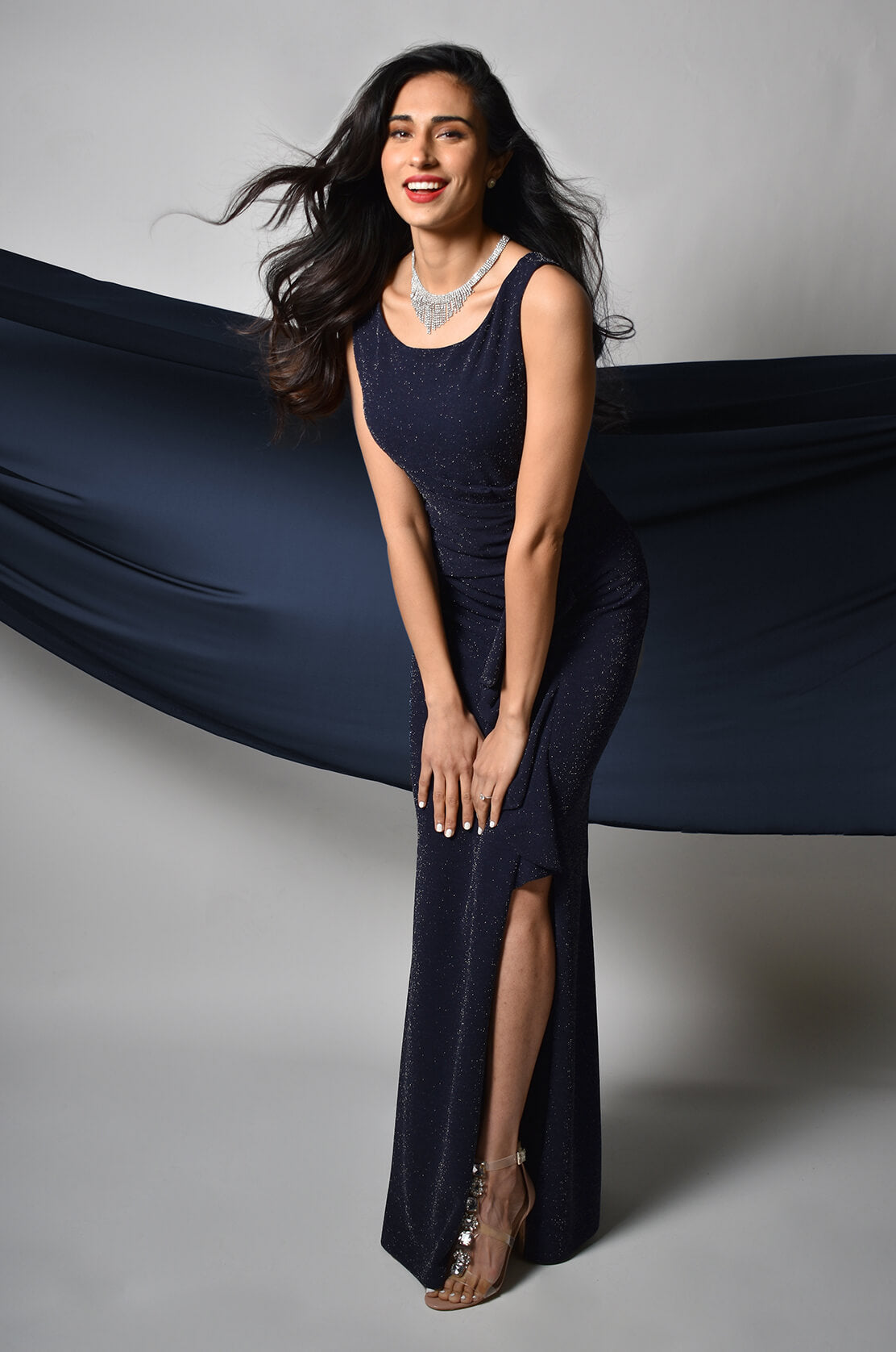 Frank Lyman Navy Sparkle Long Rouched Dress